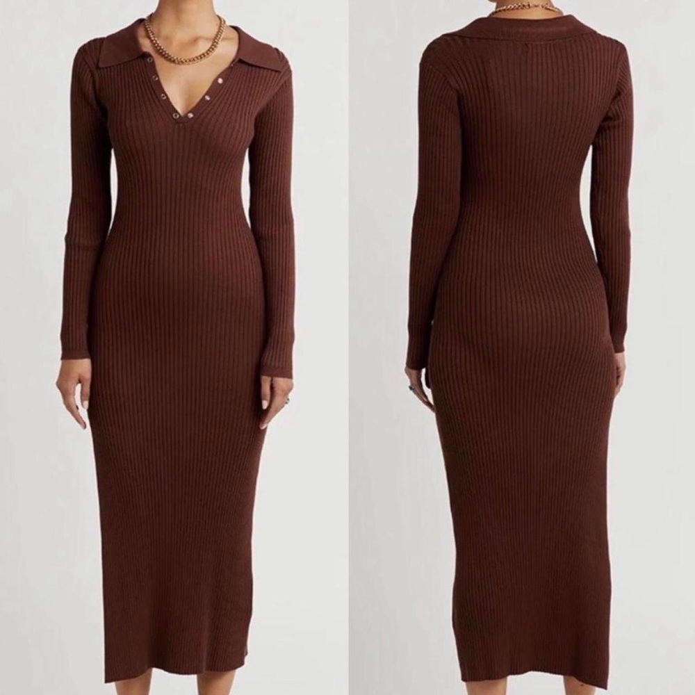 DISSH Chocolate Brown Ribbed V‑Neck Long Sleeve Midi Dress